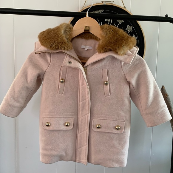 Chloé Virgin Wool Baby Pink Faux Fur Hooded Coat Girls Insulated Gold Chloe Cute - Picture 1 of 15